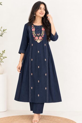 Majestic Blue Pure Cotton Anarkali Kurti Set With Floral Embroidery And Pearl Works