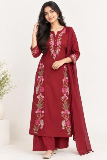 Elegant Pure Cotton Maroon Kurti Set With Floral Embroidery And Pockets