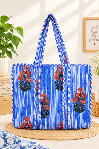 Pure cotton quilted Tote bag (blue and red flowers )