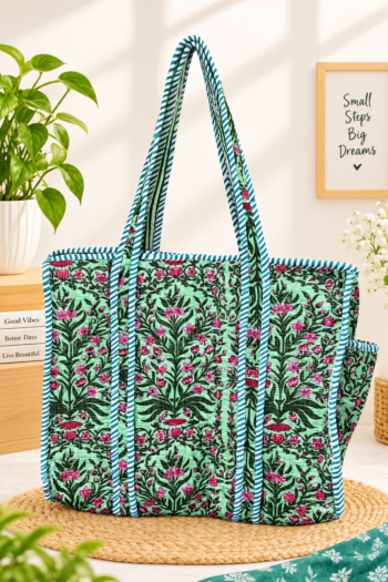 Pure cotton quilted Tote bag (green)