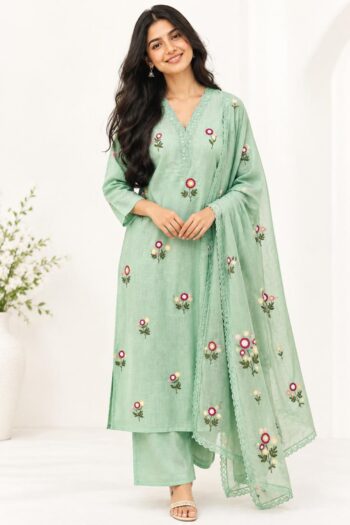 Premium pista green cotton Kurti set with beautiful floral embroidery